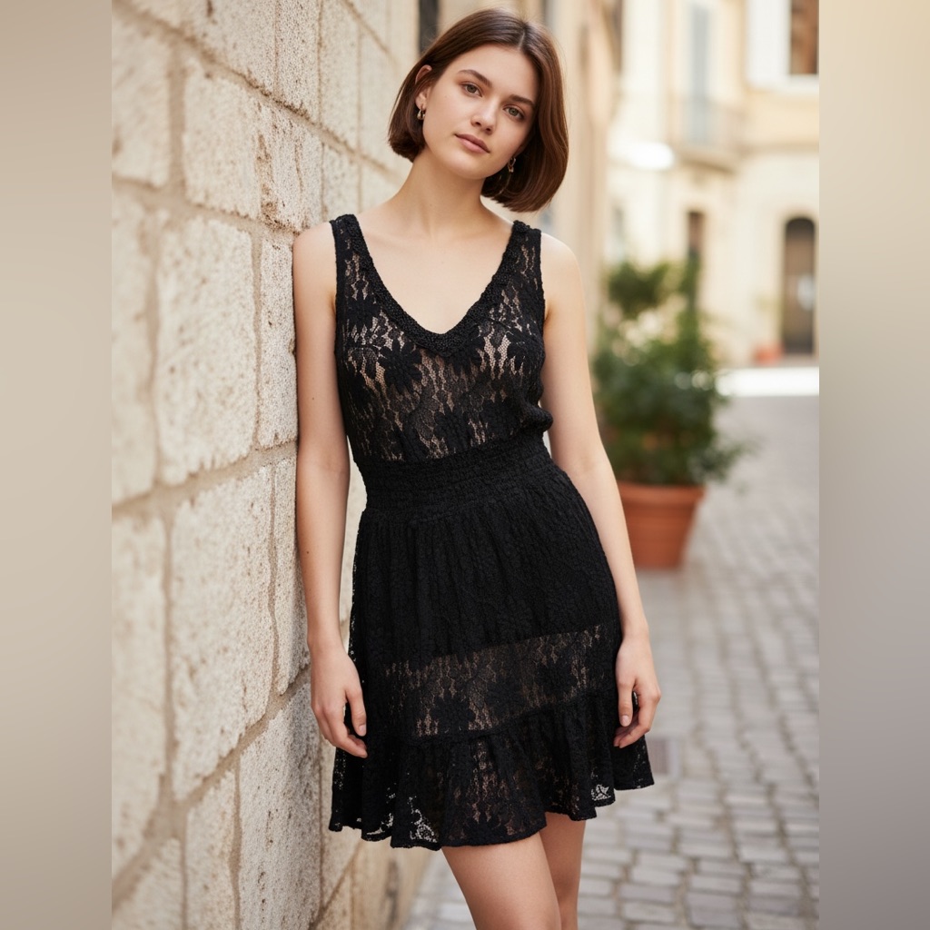 Free People Black Lace Sleeveless Dress Women’s Medium Boho Sheer Mini L
